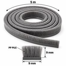 Self-Adhesive Brush Pile Weather Strip - 9 × 9 mm - 5 m - Grey